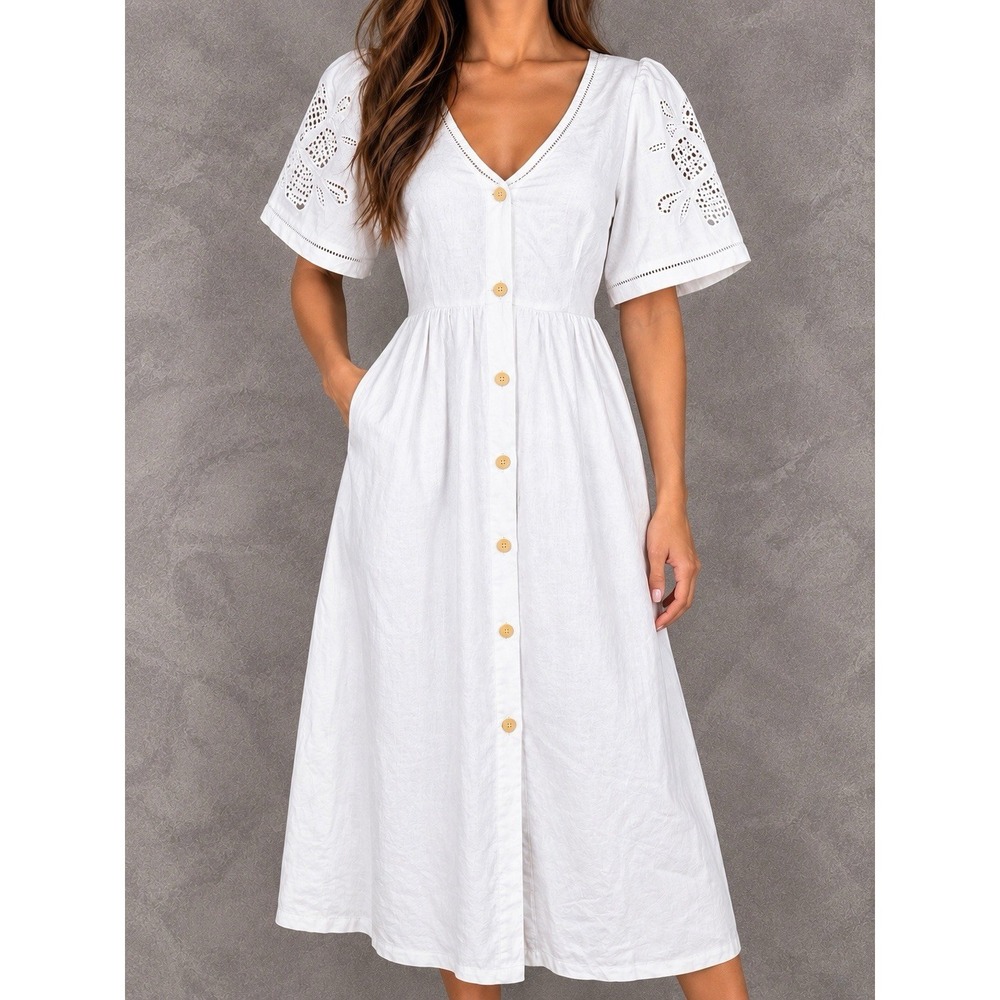 Madewell Cassie Embroidered Linen Dress Womens Small White Eyelet Button Down